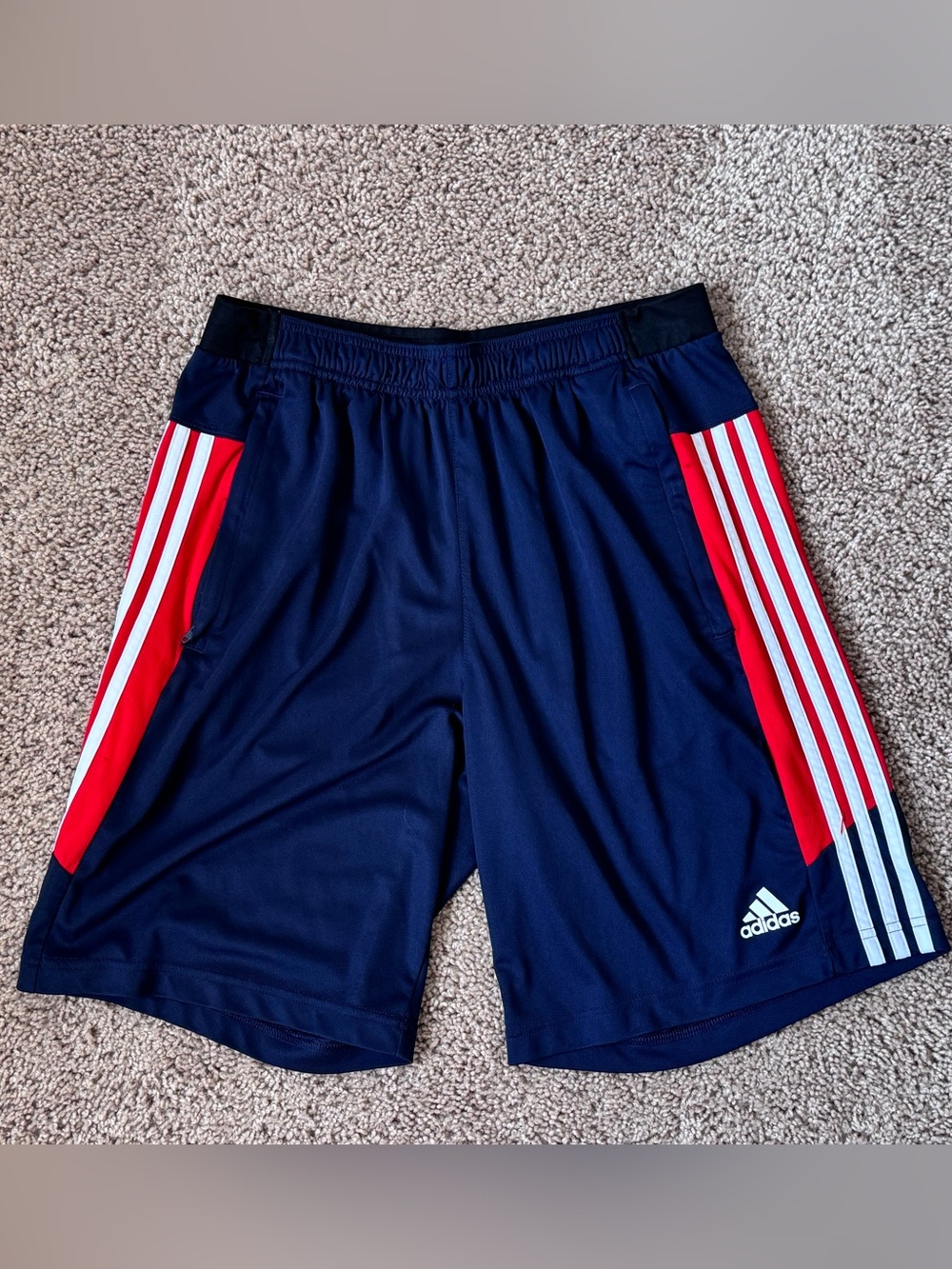 adidas Navy Athletic Shorts with Red & White Side Stripes